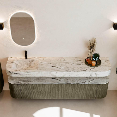 MONDIAZ THOR-DLUX 200cm badmeubel ronding links + rechts kleur Shadow met 2 lades en 2 deuren. Vrijhangende wastafel CLOUD Links 1 kraangat kleur Glace.