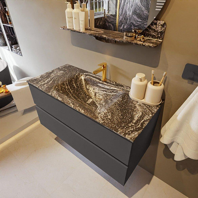 Mondiaz VICA-DLUX ensemble de meuble de salle de bain - 100cm - meuble sous-vasque gris foncé - 2 tiroirs - lavabo encastré cloud milieu - 1 trou de robinet - miroir modèle spot - version XL 60cm de haut - lave