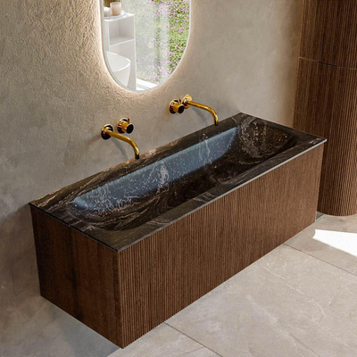 MONDIAZ KURVE-DLUX 120cm badmeubel kleur Walnut met 1 lade. Wastafel BIG LARGE midden zonder kraangat kleur Lava.