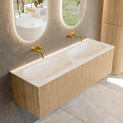 MONDIAZ KURVE-DLUX Meuble de salle de bains 140 cm couleur Oak avec 2 tiroirs. Lavabo STOR SMALL double sans trou de robinet couleur Ostra.