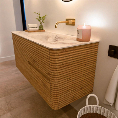 Mondiaz CIRO-DLUX Meuble de salle de bains - 110x45x50cm - lavabo solid surface Frappe - 1 vasque à droite - sans trous de robinetterie - 2 tiroirs - Chêne