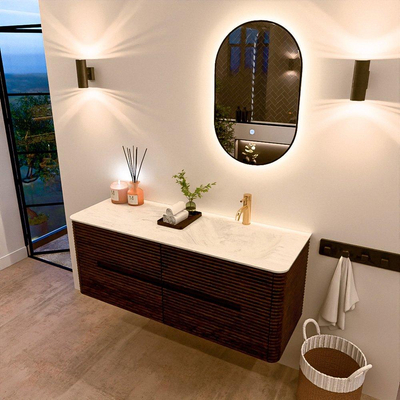 Mondiaz CIRO-DLUX Badkamermeubelset - 130x45x50cm - Solid surface wastafel Opalo - 1 wasbak Rechts - 1 kraangat - 4 lades - Walnut