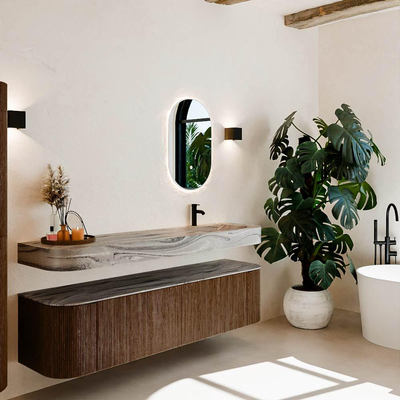 MONDIAZ THOR-DLUX 180cm meuble de salle de bains arrondi gauche + droite couleur Walnut avec 2 tiroirs et 2 portes. Vasque suspendue CLOUD Droite 1 trou de robinet couleur Sombra.