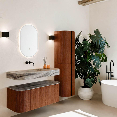 MONDIAZ THOR-DLUX Meuble de salle de bains 110cm arrondi gauche + droite couleur Ruby avec 1 tiroir et 2 portes. Vasque suspendue CLOUD Centre sans trou de robinet couleur Sombra.