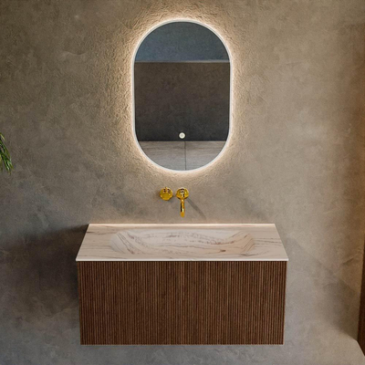 MONDIAZ KURVE-DLUX 90cm badmeubel kleur Walnut met 1 lade en 0 deuren. Wastafel BIG SMALL Midden zonder kraangat Nata.