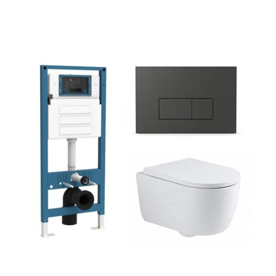QeramiQ Dely Swirl Ensemble de toilette - réservoir encastré QeramiQ Flush - abattant 35mm - plaque de commande en plastique anthracite mat - boutons rectangulaires - blanc brillant