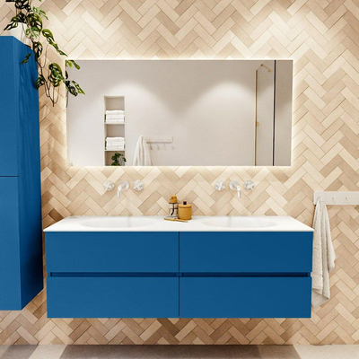 Mondiaz VICA ensemble de meuble de salle de bain - 150cm - meuble sous-vasque jeans - 4 tiroirs - lavabo moon double - sans trous de robinet - couleur talc - miroir LED - version XL 60cm de haut