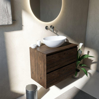Saniclass Holz Pure Ensemble de meubles de salle de bains - 80x45x62cm - plan de travail en bois - sans trou de robinet - 2 tiroirs - chêne charcoal mat (bois)