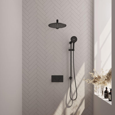 BRAUER Black Edition Douche de pluie thermostatique encastrée - boutons-poussoirs - SET 68 - pomme de douche 30cm - bras mural droit - douchette 3 jets - flexible de douche - barre de douche intégrée - noir mat