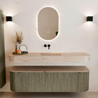 MONDIAZ THOR-DLUX 160cm meuble de salle de bains arrondi gauche + droite couleur Shadow avec 1 tiroir et 2 portes. Vasque suspendue CLOUD Milieu sans trou de robinet couleur Saba.