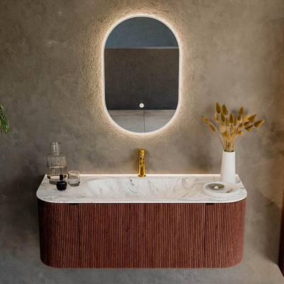 Mondiaz KURVE-DLUX Ensemble de meuble salle de bain - 120x46x40cm - 1 tiroir - 2 portes - lavabo en solid surface - milieu - 1 trou de robinet - Ruby