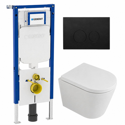 QeramiQ Dely Toiletset - 36.3x51.7cm - diepspoel - rimless - Geberit UP720 inbouwreservoir - softclose toilet zitting - 35mm - kunststof mat zwarte bedieningsplaat - ronde knoppen - mat wit