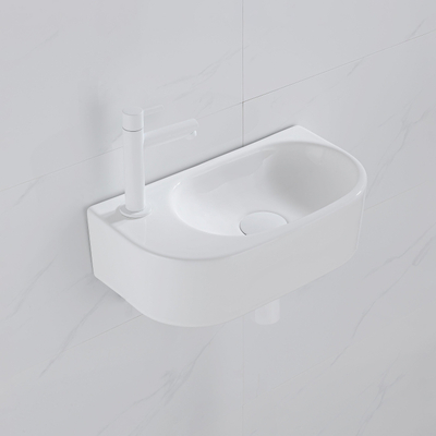 QeramiQ Fuente pack lave-mains – 40 x 21,5 x 12 cm – céramique blanc brillant – perçage à gauche – robinet blanc mat