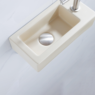 QeramiQ Fuente Ensemble lave-mains - 37.5x18.5x9cm - céramique - trou de robinetterie à droite - robinet de lave-mains inox brossé - bonde - siphon réduit - Beige mat