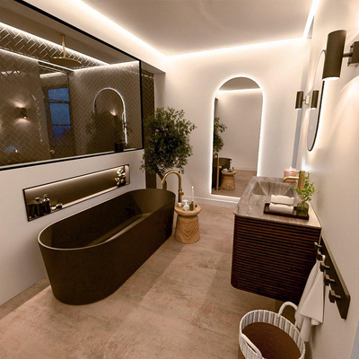 Mondiaz CIRO-DLUX Meuble de salle de bains - 120x45x50cm - Plan vasque solid surface Oza - 1 vasque à gauche - 1 trou de robinet - 2 tiroirs - Noyer