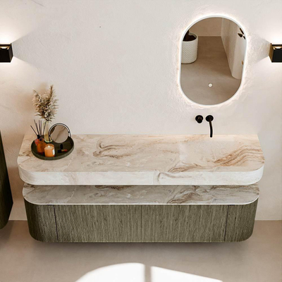 MONDIAZ THOR-DLUX 180cm meuble de salle de bains arrondi gauche + droite couleur Shadow avec 2 tiroirs et 2 portes. Vasque suspendue CLOUD droite sans trou de robinet couleur Frappe.