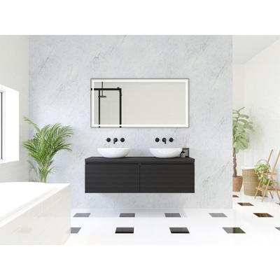 HR badmeubelen Matrix 3D badkamermeubelset 140cm 2 laden greeploos met greeplijst in kleur Zwart mat met bovenblad zwart mat
