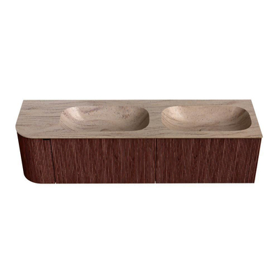 MONDIAZ KURVE-DLUX Meuble de salle de bains 165cm arrondi à gauche couleur Ruby avec 2 tiroirs et 1 porte. Lavabo STOR SMALL Double / Droite 2 trous de robinet Saba.