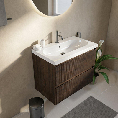 Saniclass Holz Atelier Ensemble de meubles de salle de bains - 80x45x63.5cm - lavabo en céramique Palermo blanc - 1 vasque - 1 trou de robinetterie - 2 tiroirs - chêne charcoal mat (bois)