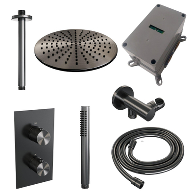 Brauer Gunmetal Carving Douche pluie thermostatique avec pommeau 30cm et bras plafond 20cm et douchette Stylo 1 jet flexible lisse avec coude mural Gunmetal brossé PVD