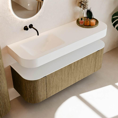 MONDIAZ THOR 140cm meuble de salle de bains arrondi gauche + droite couleur Dusk avec 1 tiroir et 2 portes. Vasque suspendue CLOUD Gauche sans trou de robinet couleur Talc.