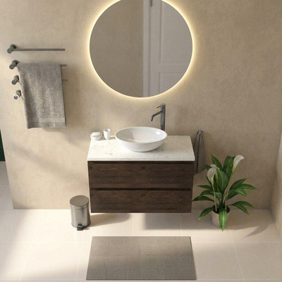 Saniclass Holz Pure Ensemble de meubles de salle de bains - 100x45x63cm - Plan vasque en marbre Dia poli (blanc) - 1 trou de robinet - 2 tiroirs - chêne charcoal mat (bois)