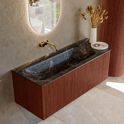 Mondiaz KURVE-DLUX Ensemble de meubles de salle de bains - 125x46x40cm - 1 tiroir - 1 porte - lavabo solid surface - gauche - sans trou de robinet - Ruby