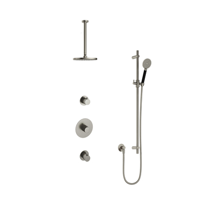 Hotbath Cobber Ensemble de douche de pluie encastré - bras de plafond 30 cm - pomme de douche ronde 20 cm - douchette 3 jets - barre de douche - nickel brossé