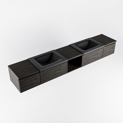 MONDIAZ BUKLA 240cm ensemble de meuble avec module ouvert 40 au milieu couleur Marron foncé avec 4 tiroirs. Lavabo CLOUD double 2 trous de robinet couleur Urban.