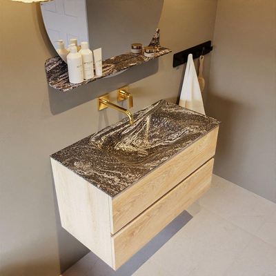 Mondiaz VICA-DLUX ensemble de meuble de salle de bain - 90cm - meuble sous-vasque chêne blanchi - 2 tiroirs - lavabo encastré cloud milieu - sans trous de robinet - miroir modèle spot - version XL 60cm de haut - lave