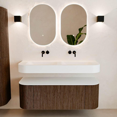 MONDIAZ THOR 130cm meuble de salle de bains arrondi gauche + droite couleur Walnut avec 1 tiroir et 2 portes. Vasque suspendue CLOUD Double sans trou de robinet couleur Talc.