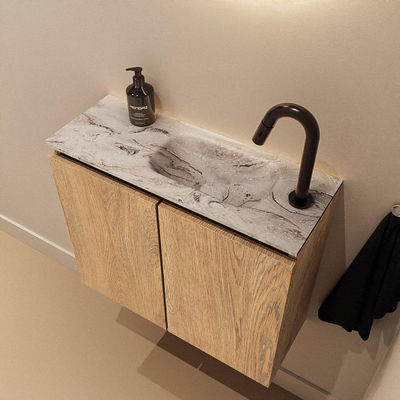 MONDIAZ TURE-DLUX Meuble de toilettes 60 cm Washed Oak. Lavabo EDEN Glace position droite. Avec 1 trou de robinet.