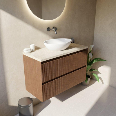 Saniclass Holz Atelier Ensemble de meubles de salle de bains - 100x45x63cm - Plan de toilette en pierre naturelle travertin - sans trou de robinet - 2 tiroirs - noyer pure mat (bois)