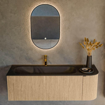 MONDIAZ KURVE 135cm badmeubel met module 25 R kleur Oak met 1 lade en 1 deur. Wastafel BIG MEDIUM links 1 kraangat Urban.