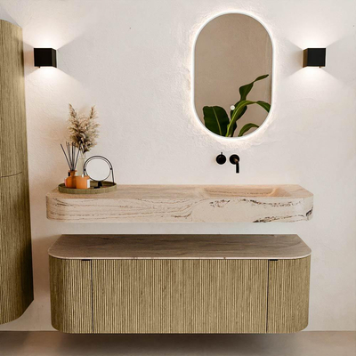 MONDIAZ THOR-DLUX 140cm meuble de salle de bains arrondi gauche + droite couleur Dusk avec 1 tiroir et 2 portes. Vasque suspendue CLOUD droite sans trou de robinet couleur Arena.