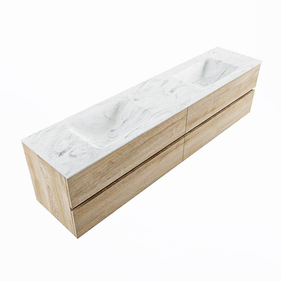 Mondiaz VICA-DLUX ensemble de meuble de salle de bain - 200cm - meuble sous-vasque chêne blanchi - 4 tiroirs - lavabo encastré cloud double - sans trous de robinet - version haute de 60cm - opalo