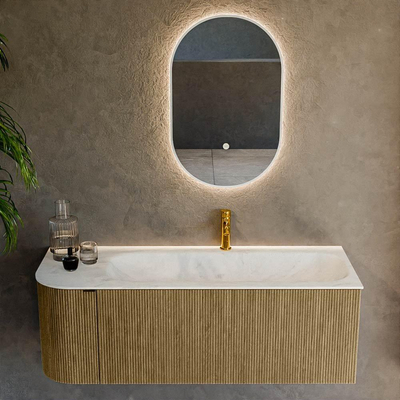 Ensemble de meuble de salle de bain Mondiaz KURVE-DLUX - 125x46x40cm - 1 tiroir - 1 porte - lavabo en solid surface - droite - 1 trou de robinet - Dusk