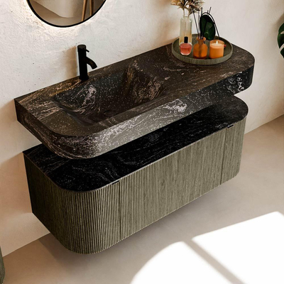 MONDIAZ THOR-DLUX 120cm meuble de salle de bains arrondi gauche + droite couleur Shadow avec 1 tiroir et 2 portes. Vasque suspendue CLOUD Gauche 1 trou de robinet couleur Lava.