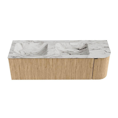 MONDIAZ KURVE-DLUX 145cm badmeubel met module 25 R kleur Oak met 1 lade en 1 deur. Wastafel LEAF dubbel / links zonder kraangat kleur Glace.