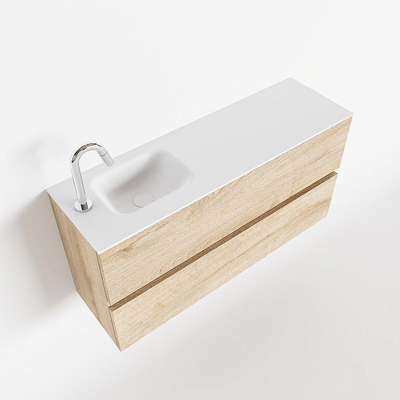 MONDIAZ ADA Meuble WC - 100x30x50cm - 1 trou de robinetterie - 2 tiroirs - chêne blanchi mat - vasque à gauche - Solid surface - Blanc