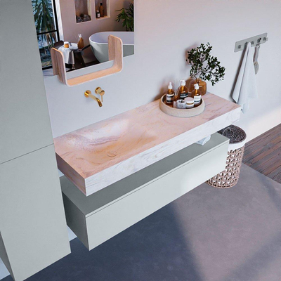 Mondiaz ALAN-DLUX Ensemble de meuble - 130cm - meuble Clay mat - 1 tiroir - Lavabo Cloud Ostra suspendu - vasque Gauche - 0 trous de robinet