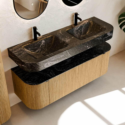 MONDIAZ THOR-DLUX Meuble de salle de bains 140cm arrondi gauche + droite couleur Oak avec 1 tiroir et 2 portes. Vasque suspendue CLOUD Double 2 trous de robinet couleur Lava.