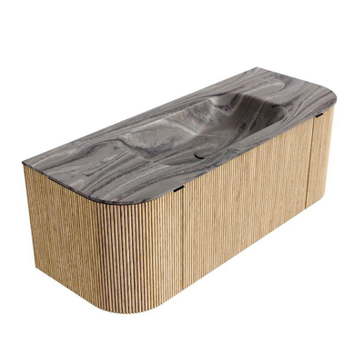 MONDIAZ KURVE-DLUX Meuble de salle de bains 120cm arrondi à gauche + à droite couleur Oak avec 1 tiroir et 2 portes. Lavabo BIG SMALL central 1 trou de robinet Sombra.