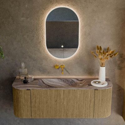 MONDIAZ KURVE-DLUX Meuble de salle de bains 130cm arrondi Gauche + Droite couleur Dusk avec 1 tiroir et 2 portes. Vasque BIG SMALL Centre sans trou de robinet Sombra.