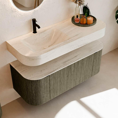 MONDIAZ THOR-DLUX 120cm meuble de salle de bains arrondi gauche + droite couleur Shadow avec 1 tiroir et 2 portes. Vasque suspendue CLOUD gauche 1 trou de robinet couleur Meli.