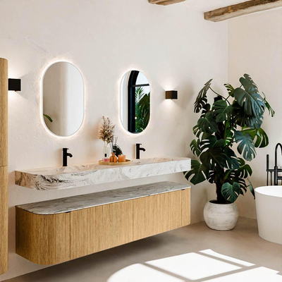 MONDIAZ THOR-DLUX Meuble de salle de bains - 190cm - arrondi gauche + droite - couleur Oak - 2 tiroirs et 2 portes - Lavabo suspendu CLOUD Double 2 trous de robinet - couleur Glace