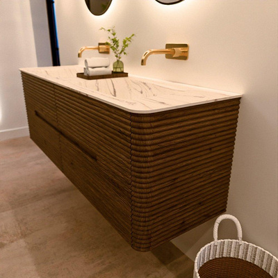 Mondiaz CIRO-DLUX Ensemble de meubles de salle de bains - 150x45x50cm - Plan vasque solid surface Nata - 2 vasques Double - sans trous de robinet - 4 tiroirs - Dusk