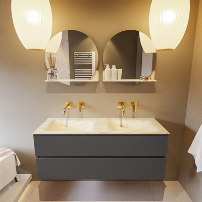 Mondiaz VICA-DLUX ensemble de meuble de salle de bain - 130cm - meuble sous-vasque gris foncé - 2 tiroirs - lavabo encastré cloud double - sans trous de robinet - version haute de 60cm - ostra