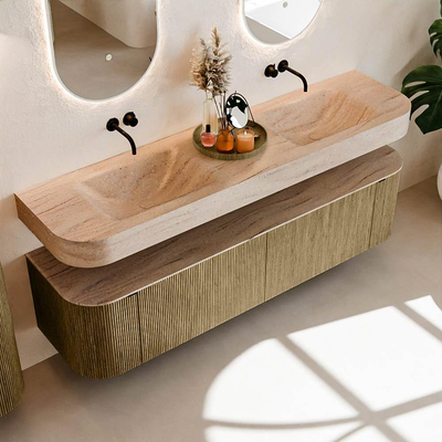 MONDIAZ THOR-DLUX 180cm meuble de salle de bains arrondi gauche + droite couleur Dusk avec 2 tiroirs et 2 portes. Vasque suspendue CLOUD Double sans trou de robinet couleur Saba.