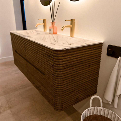 Mondiaz CIRO-DLUX Badkamermeubelset - 130x45x50cm - Solid surface wastafel Glace - 2 wasbak Dubbel - 2 kraangaten - 4 lades - Dusk